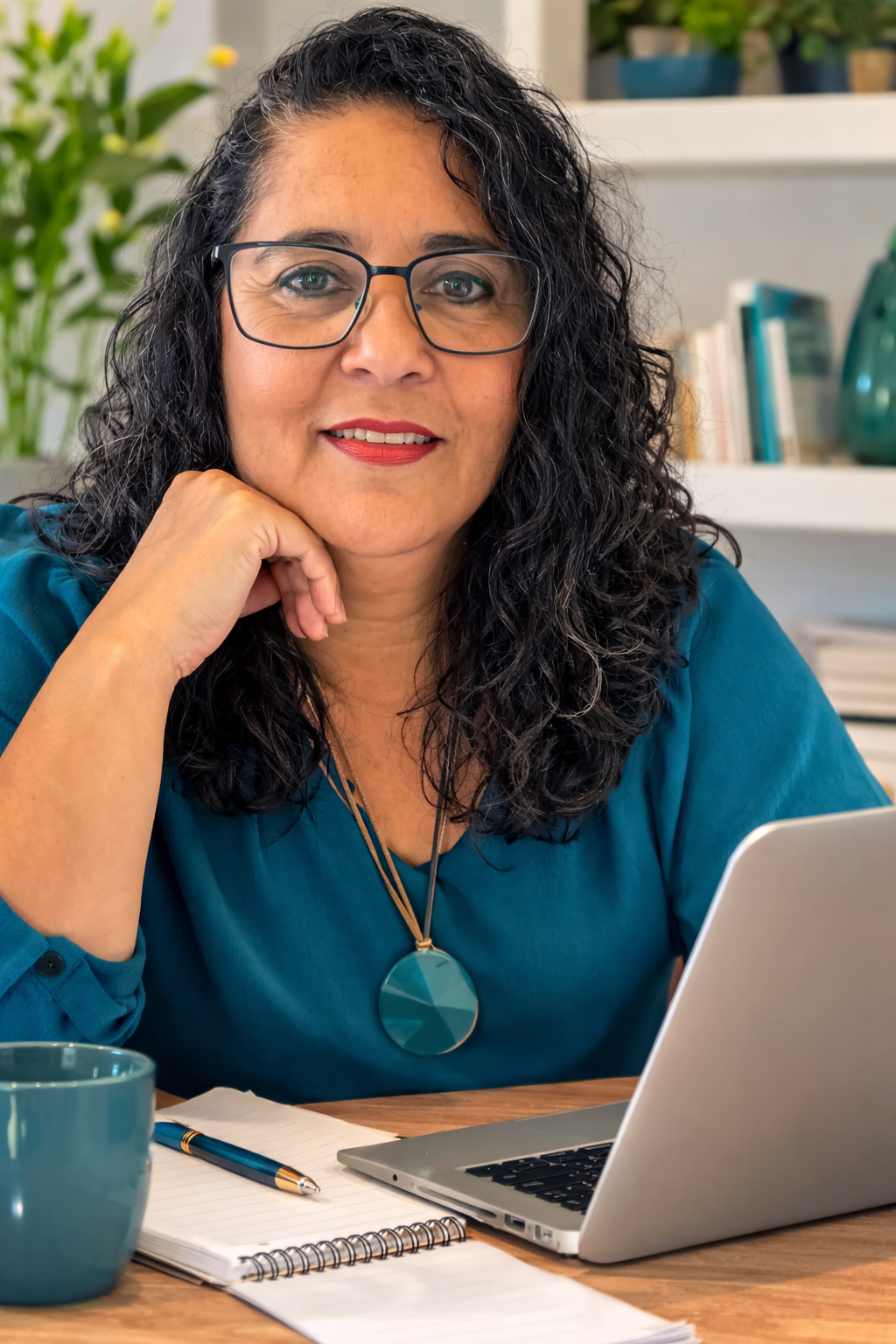 Malu Cuman, psicóloga e neuropsicóloga, sorrindo em sua mesa de trabalho